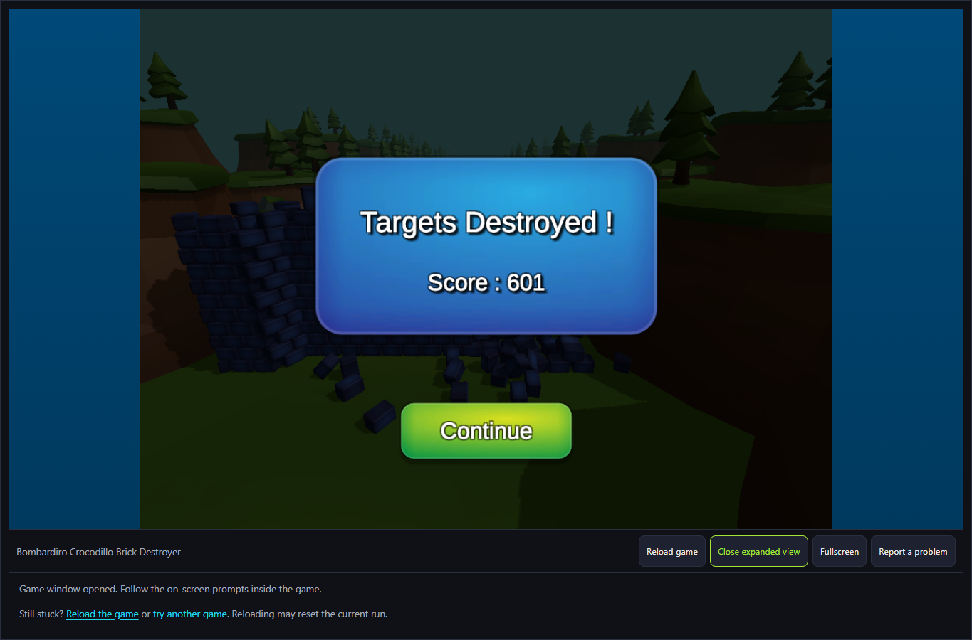 Brick Destroyer Targets Destroyed result with Score 601 and Continue