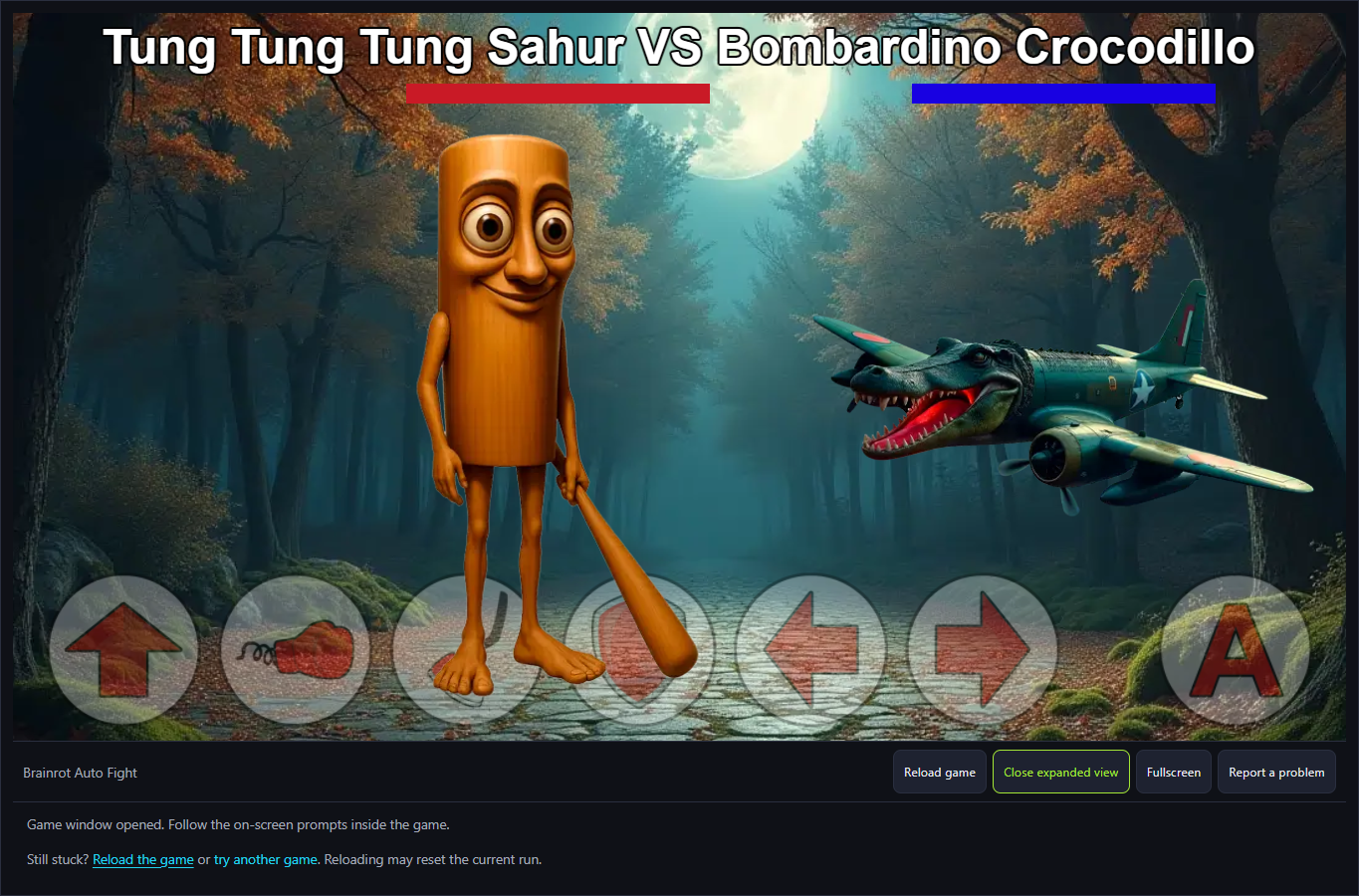 Brainrot Auto Fight after repeated right-arrow clicks, with Tung moved right and manual action controls visible