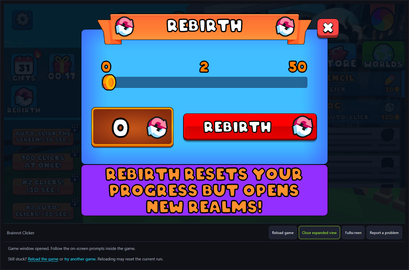 Brainrot Clicker Rebirth dialog explaining that progress resets and new realms open