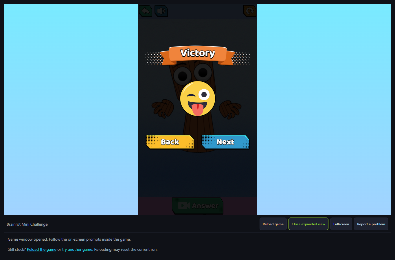 Brainrot Mini Challenge Repair Stickman Victory screen with Back and Next controls