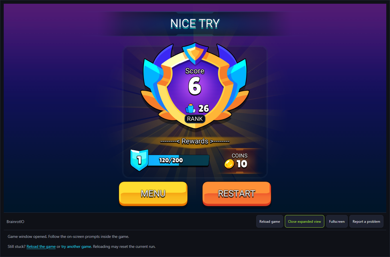 BrainrotIO NICE TRY result showing Score 6, rank 26, Coins 10 and Restart
