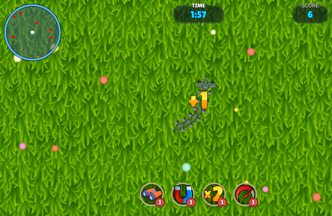 BrainrotIO creature facing upward with a plus-one pickup effect, Score 6 and Time 1:57