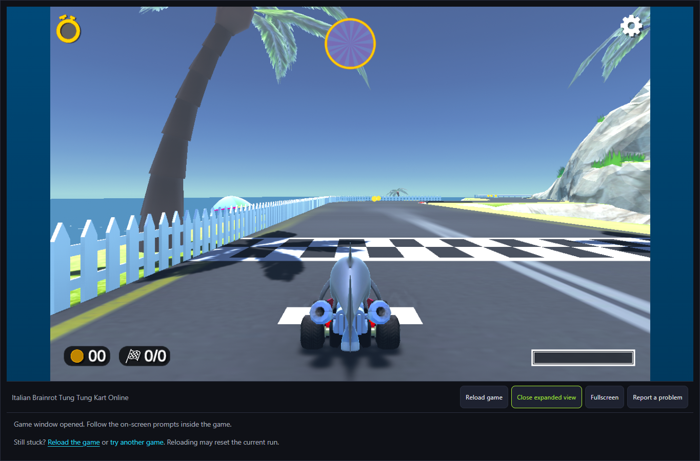Cavern Cove red shark kart at the start line before the checked driving input