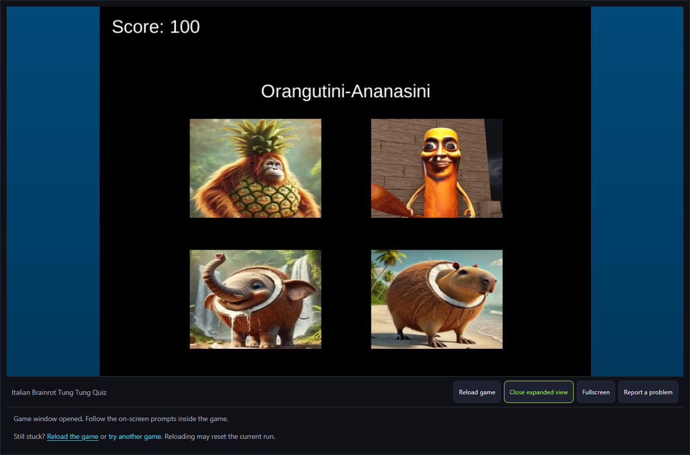 Quiz after the correct goose answer, showing Score 100 and the next Orangutini-Ananasini prompt