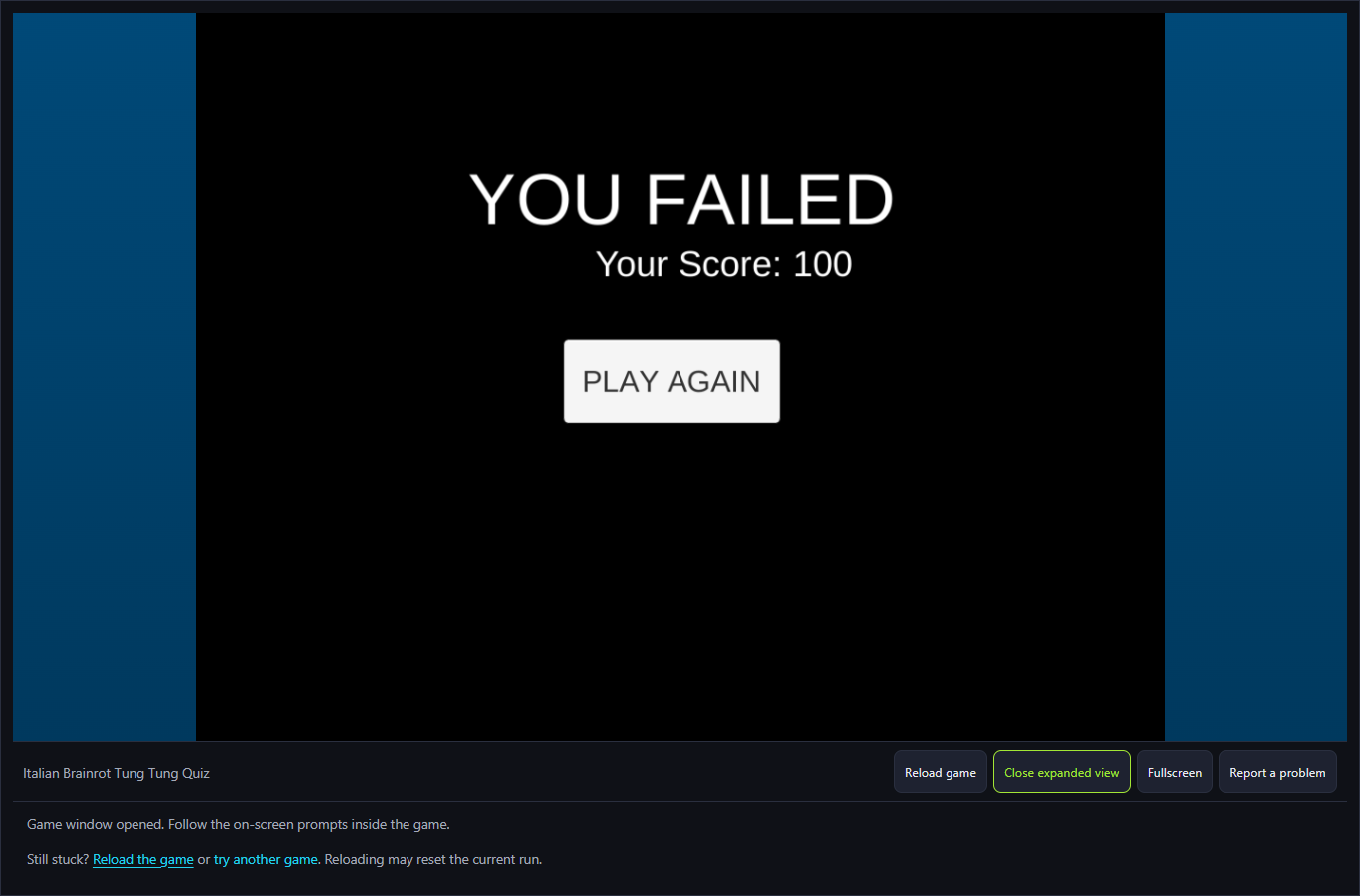 Quiz failure screen with Your Score 100 and Play Again