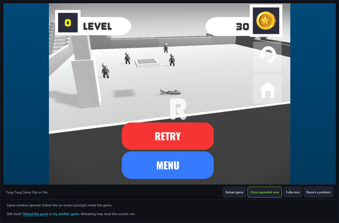 Flip or Die failed attempt showing gray scene, coin counter 30 and Retry/Menu